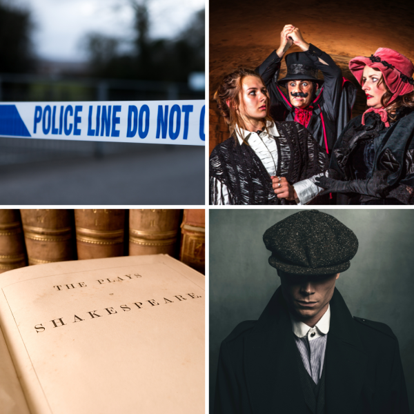 Image of peaky blinders, police tape, shakesphere and jack the ripper