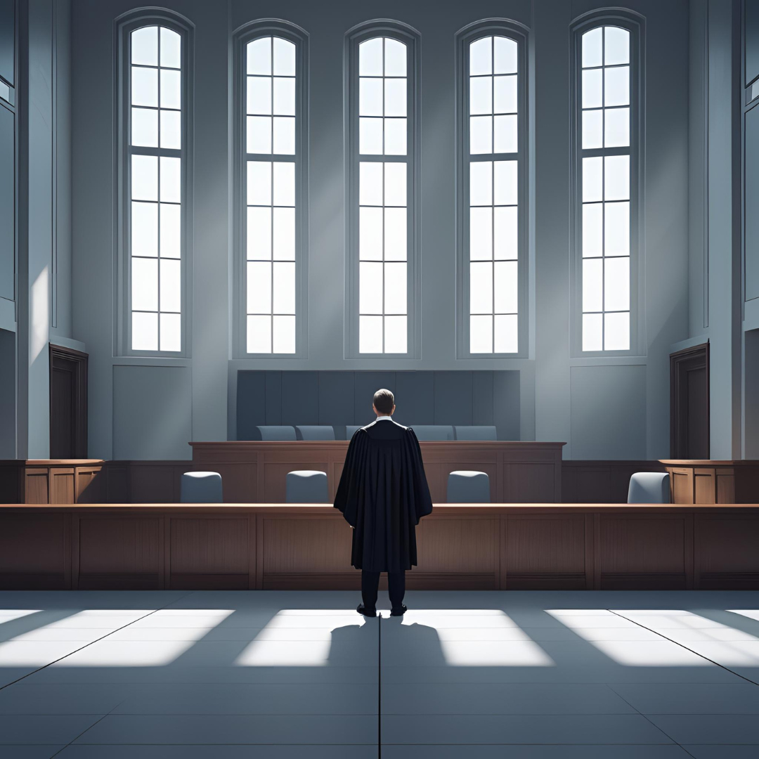 A judge stood in an empty courtroom with no jury