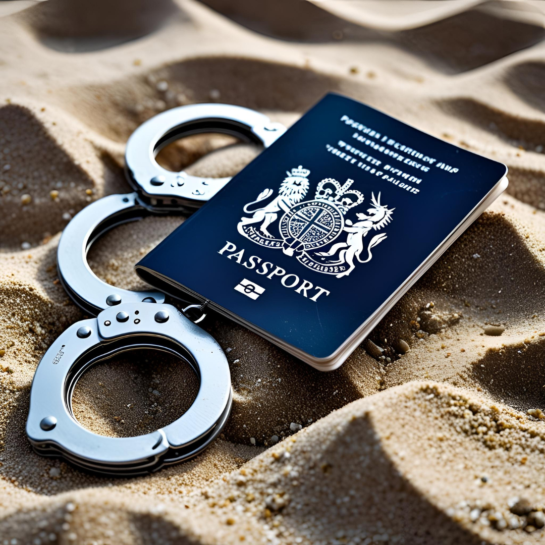 a British passport and pair of police handcuffs on the beach